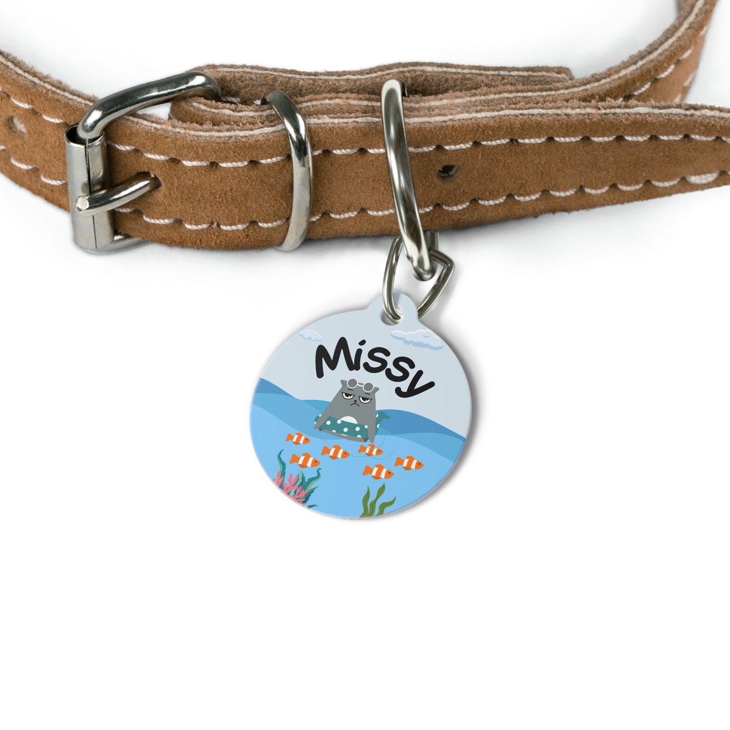 Pet Tag - Funny Cat Id Tag with Floating Cat in Sea Design