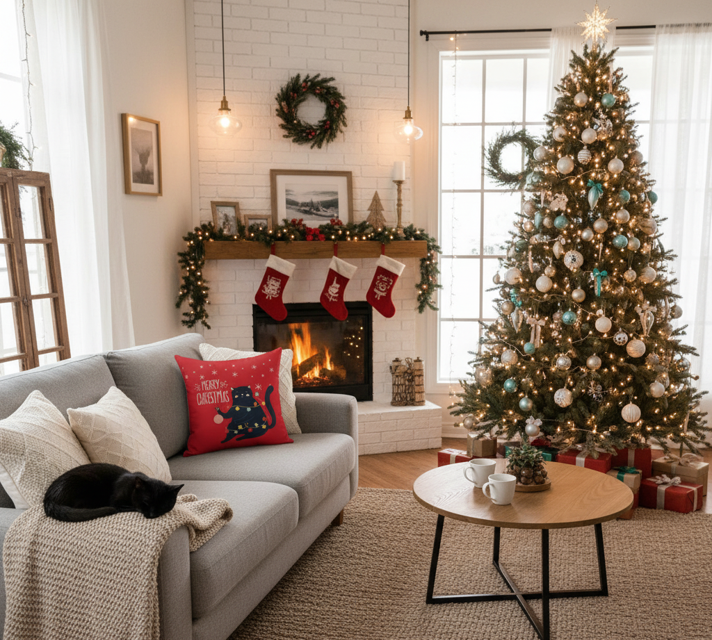 Merry Christmas Black Cat Decorative Pillow