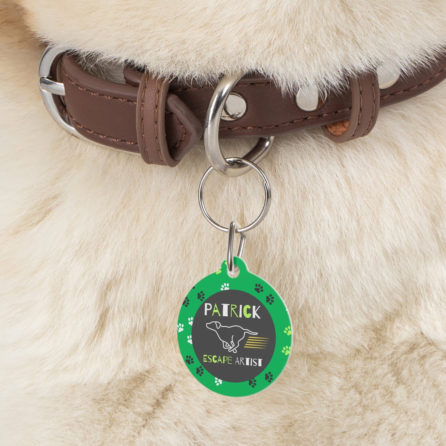 Pet Tag - Funny Dog Tag with 'Escape Artist' Text and Running Dog Design