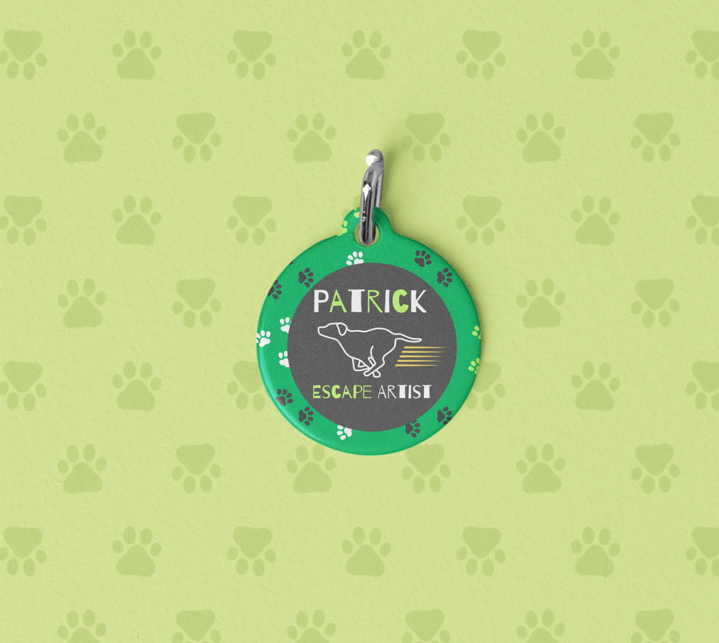 Pet Tag - Funny Dog Tag with 'Escape Artist' Text and Running Dog Design
