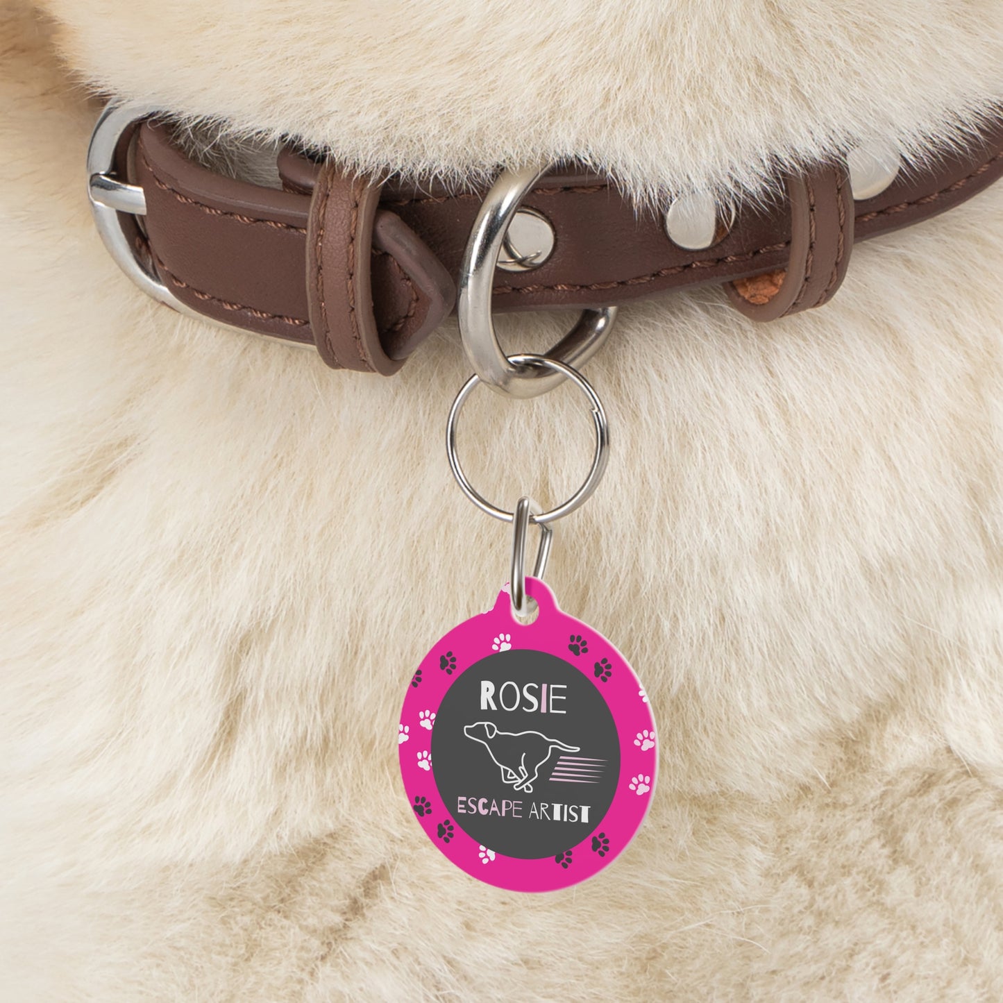 Pet Tag - Funny Escape Artist in Pink for Dogs