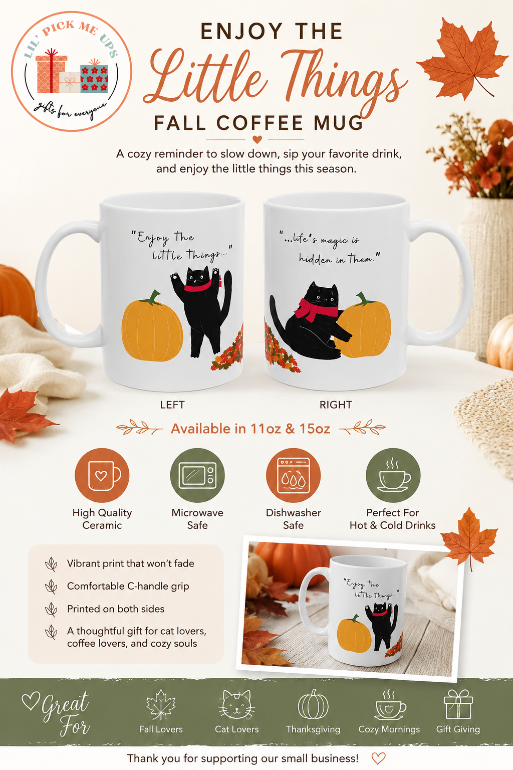 Black Cat Fall Coffee Mug – Enjoy the Little Things | Autumn Pumpkin Mug