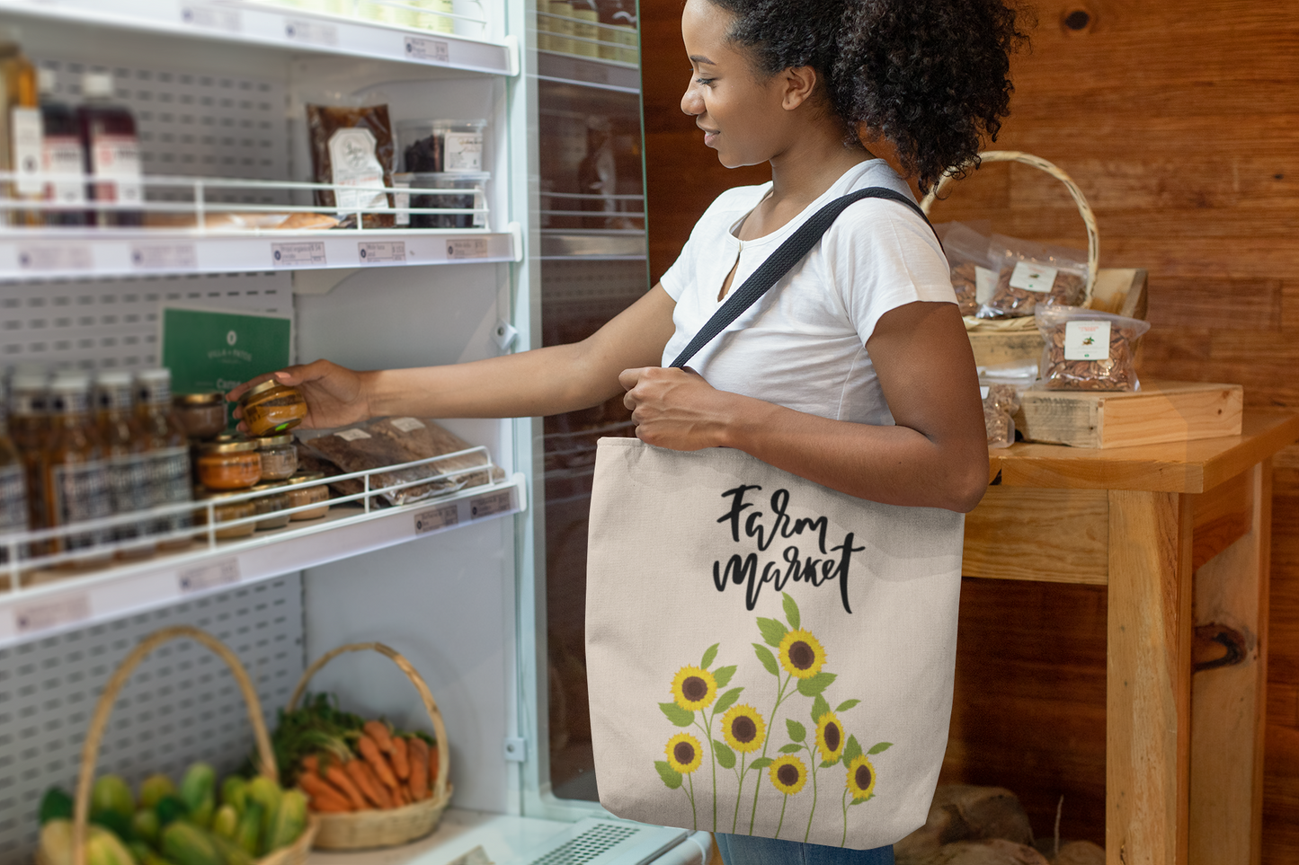 Farm Market Tote Bag with Sunflower, Shopping Bag, Cotton Canva Tote Bag