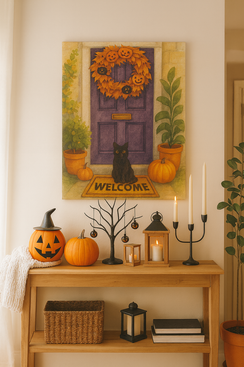 Halloween Black Cat Welcome Entrance - Canvas Wall Art