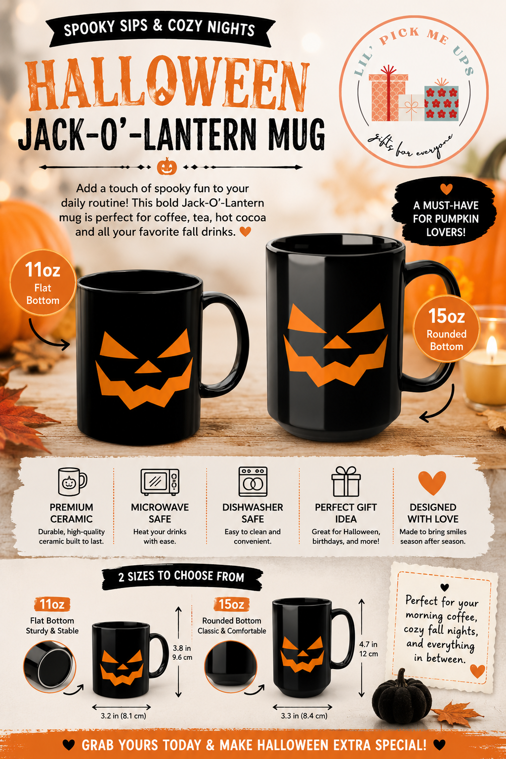 Halloween Pumpkin Face Black Coffee Mug – Spooky Jack-O'-Lantern 11oz & 15oz
