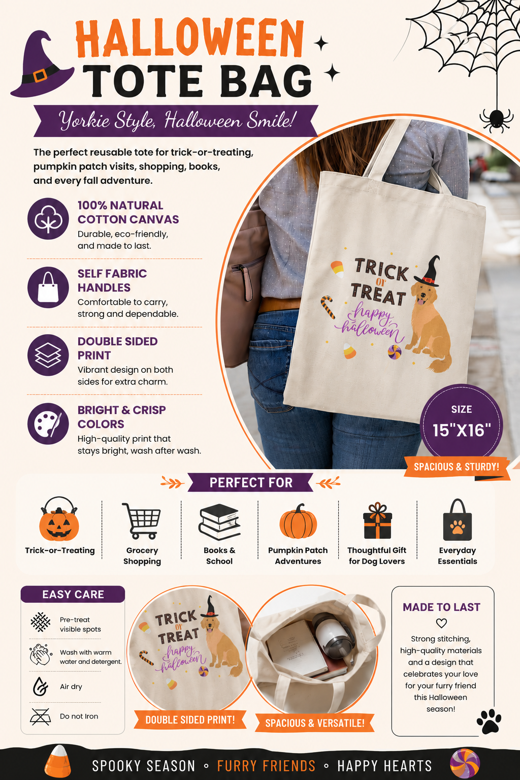 Halloween Dog Tote Bag, Trick or Treat Candy Bag