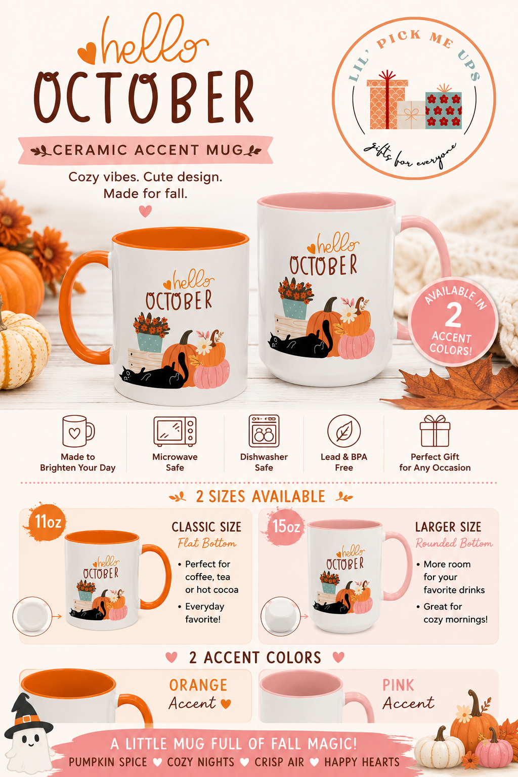 Hello October Accent Mug | Fall Pumpkin & Black Cat Coffee Mug | Pink or Orange