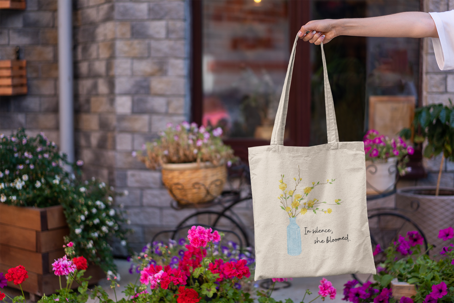 In Silence, She bloomed Natural Cotton Canva Tote Bag