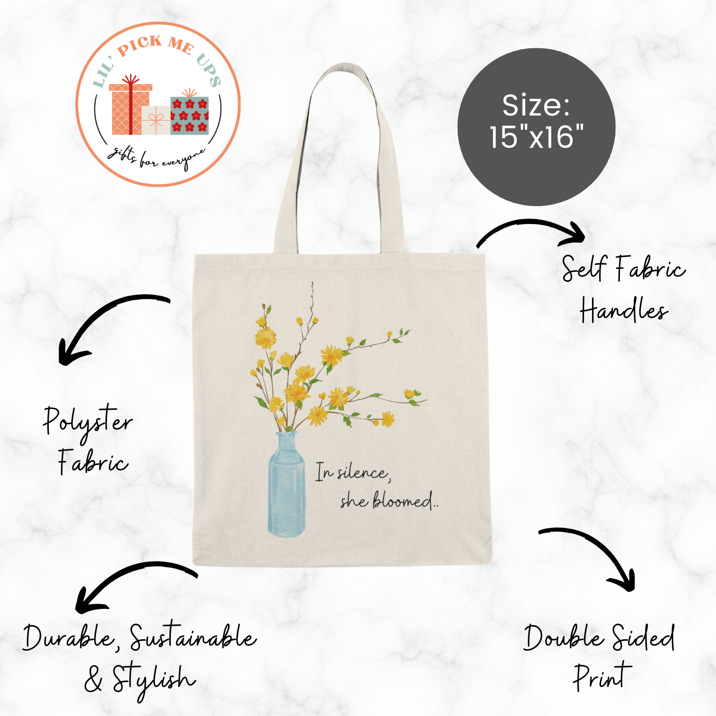 In Silence, She bloomed Natural Cotton Canva Tote Bag