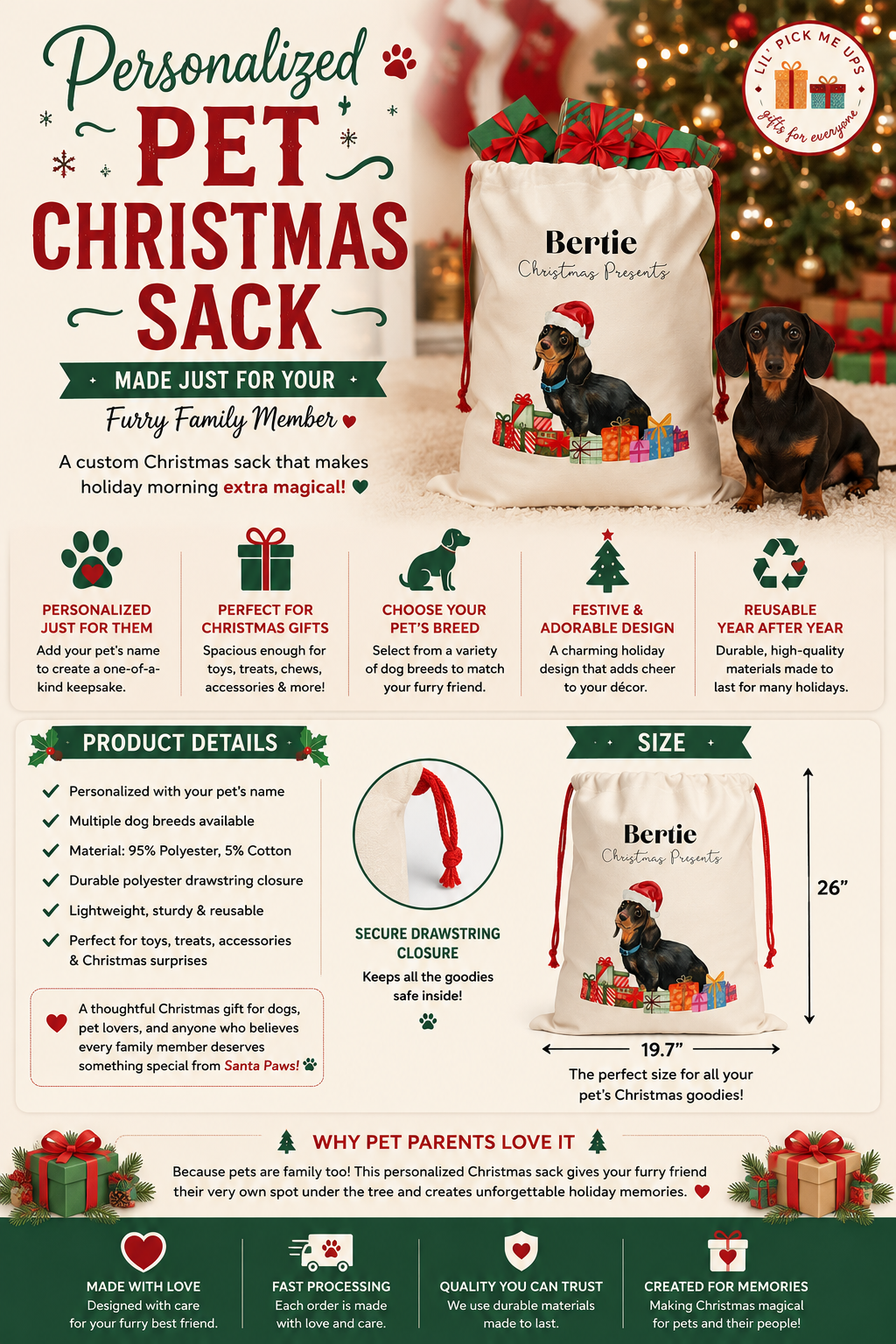 Personalized Pet Christmas Gift Sack – Custom Dog Christmas Present Bag