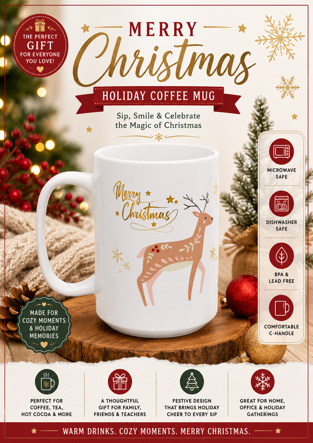 Merry Christmas Reindeer Festive Holiday Coffee Cup with Woodland Deer Design (11oz/15oz)