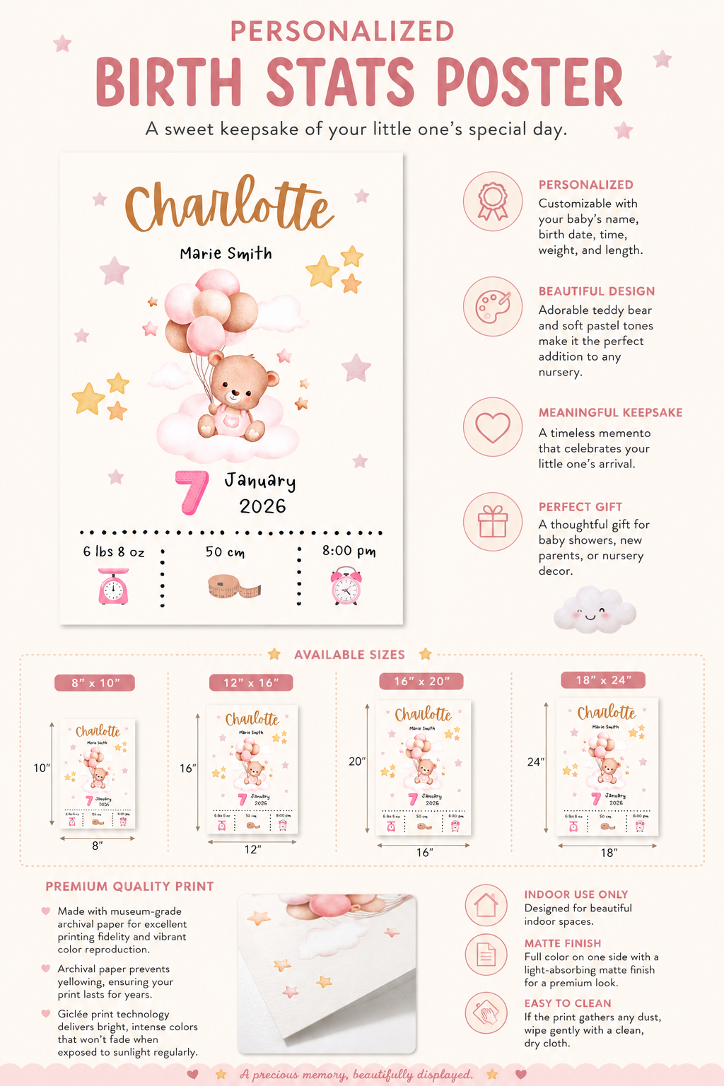 Personalized Baby Birth Stats Poster – PINK Teddy Bear Nursery Print
