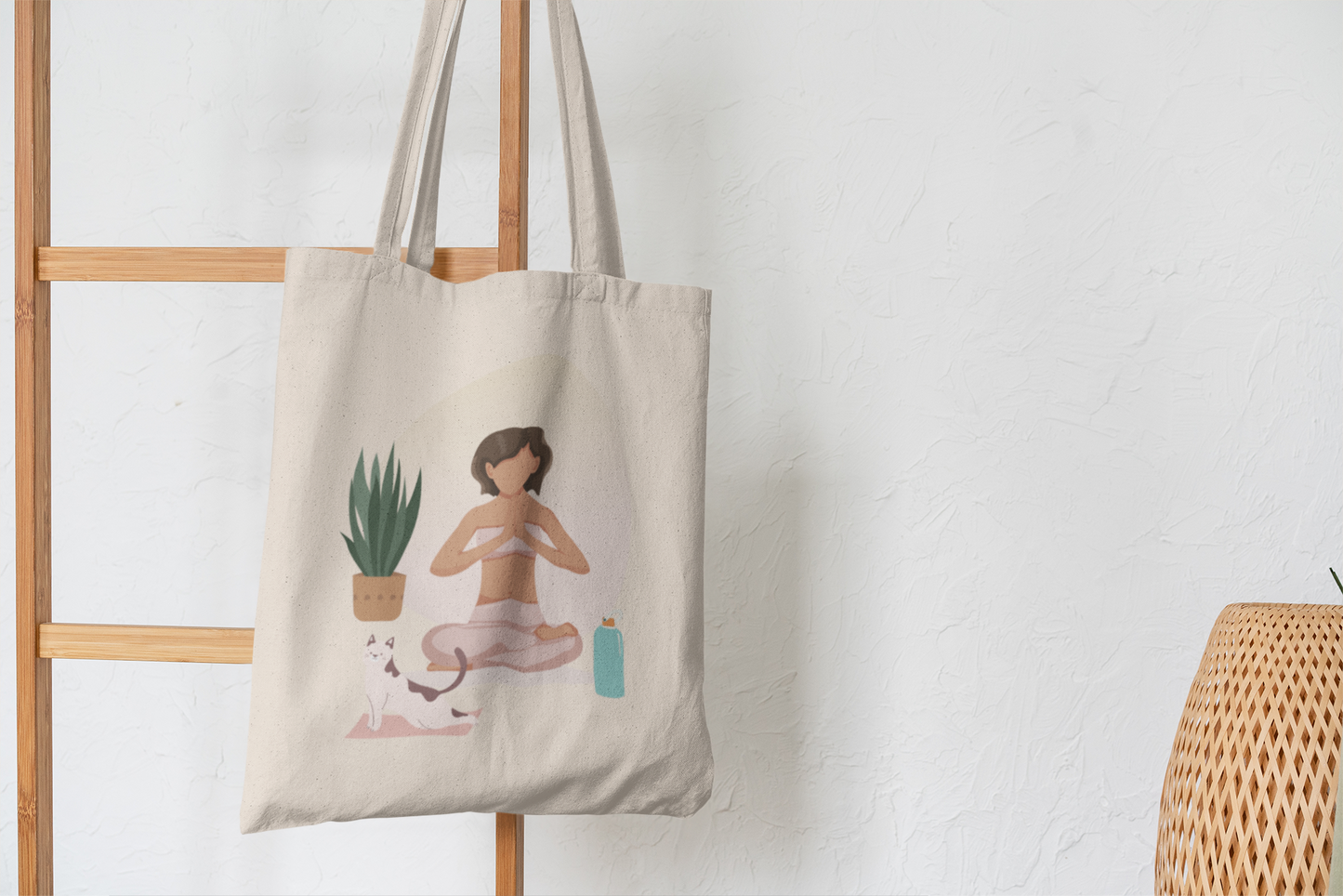 Yoga Girl with Cat Natural Tote Bag