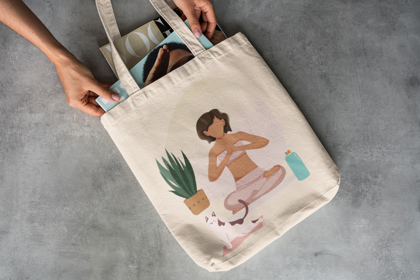 Yoga Girl with Cat Natural Tote Bag
