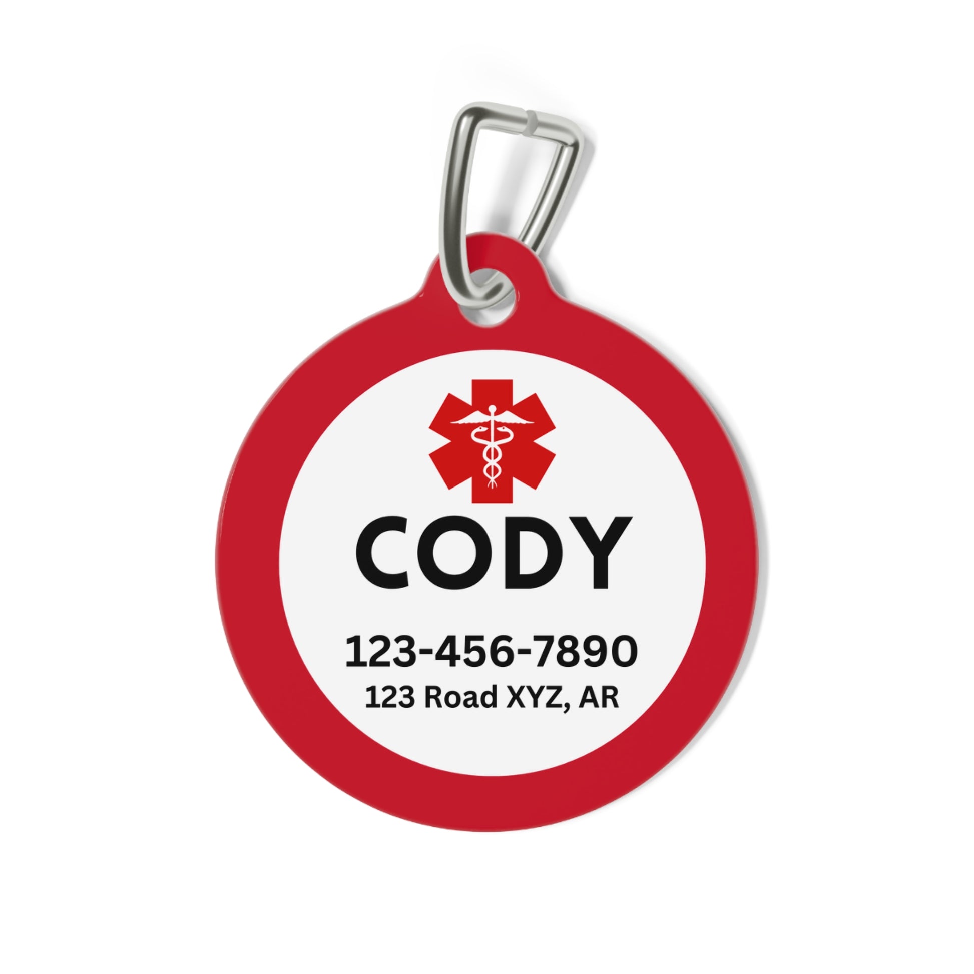 Red personalized Working Therapy Dog ID tag featuring a paw print medical symbol on the front and custom contact information on the back
