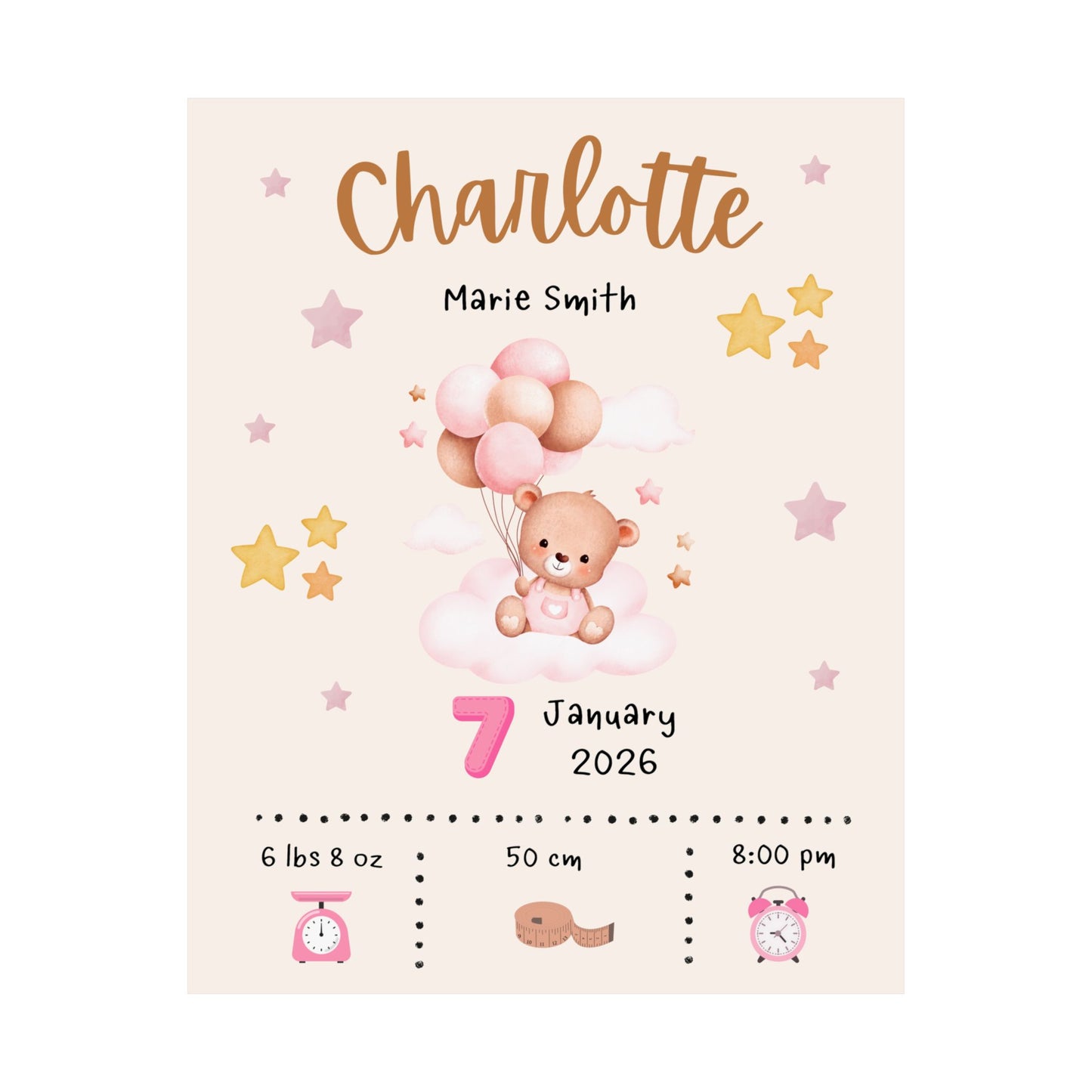 Personalized Baby Birth Stats Poster – PINK Teddy Bear Nursery Print