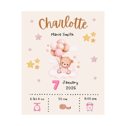 Personalized Baby Birth Stats Poster – PINK Teddy Bear Nursery Print