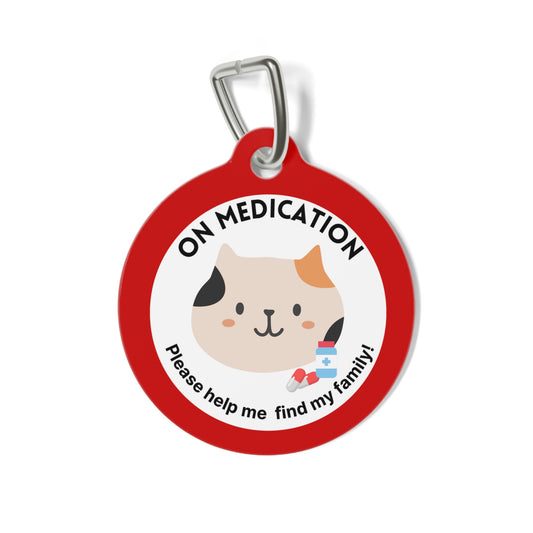 Red personalized On Medication medical pet ID tag for cats featuring a cartoon cat illustration with medication icons and emergency contact information on the reverse side.
