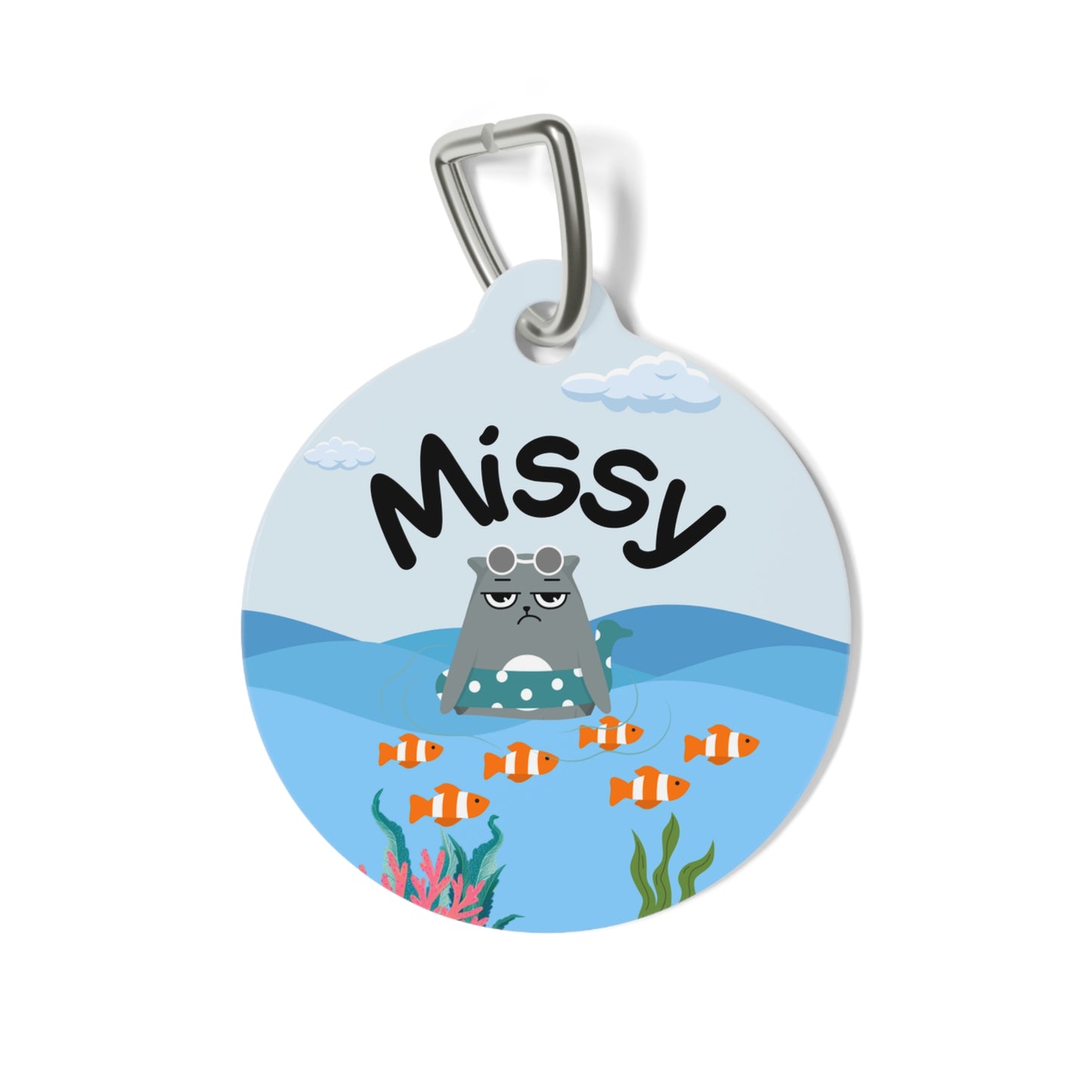 Pet Tag - Funny Cat Id Tag with Floating Cat in Sea Design