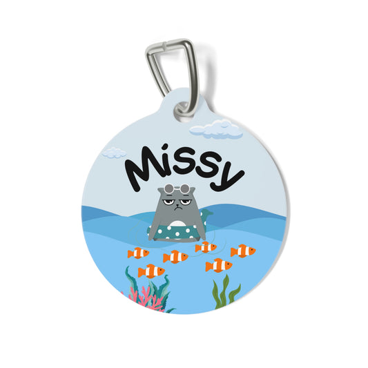 Pet Tag - Funny Cat Id Tag with Floating Cat in Sea Design