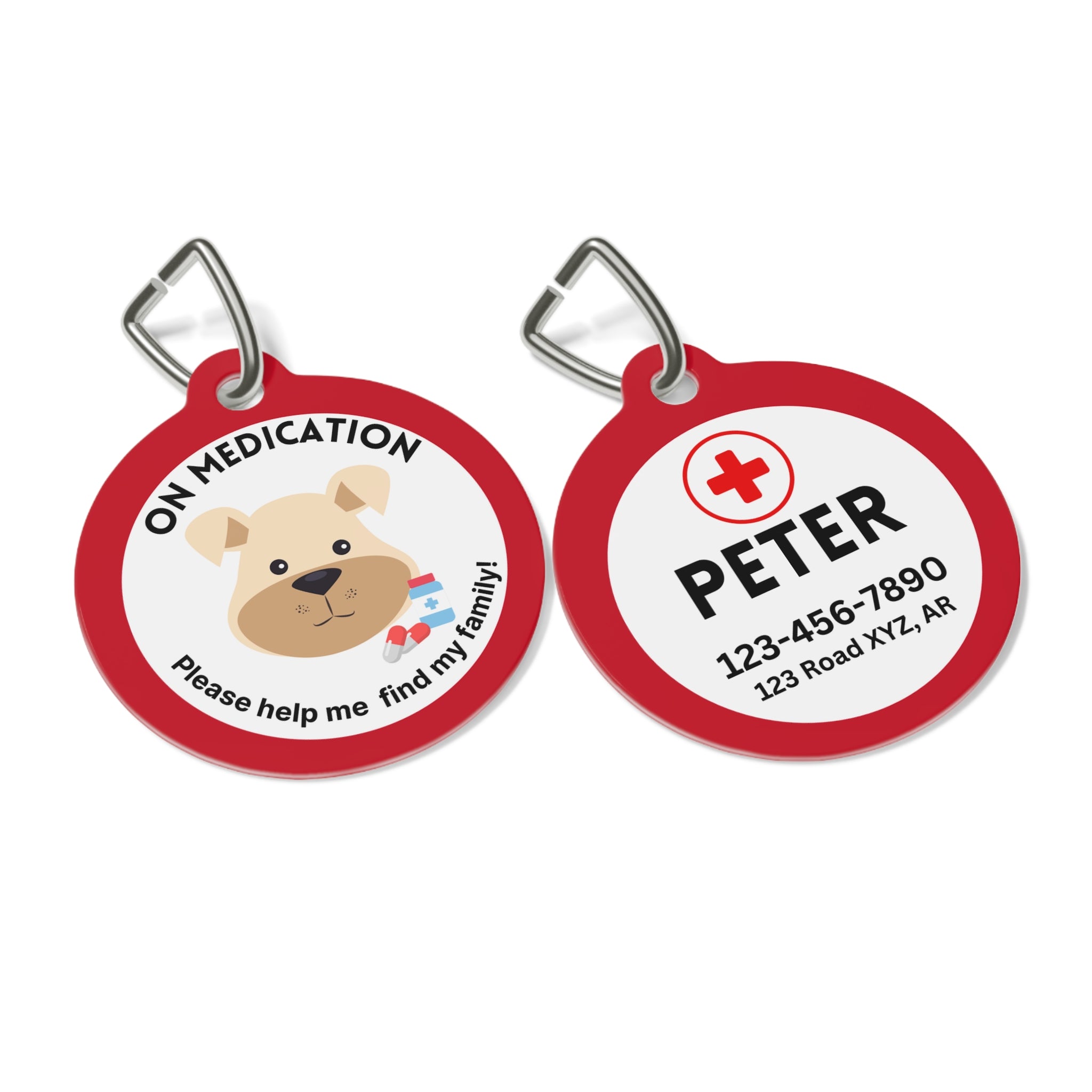 Red personalized On Medication medical pet ID tag for dogs featuring a cartoon dog illustration with medication icons on the front and emergency contact information on the back.