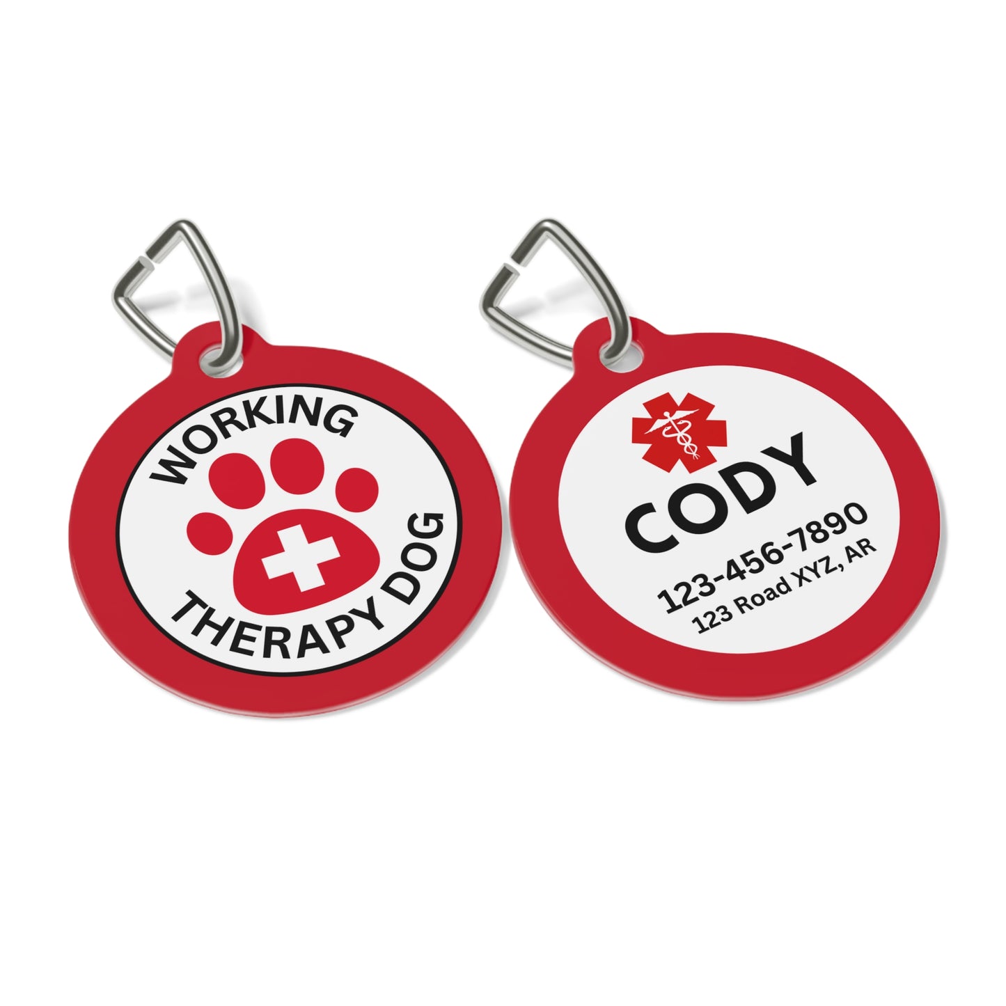 Red personalized Working Therapy Dog ID tag featuring a paw print medical symbol on the front and custom contact information on the back