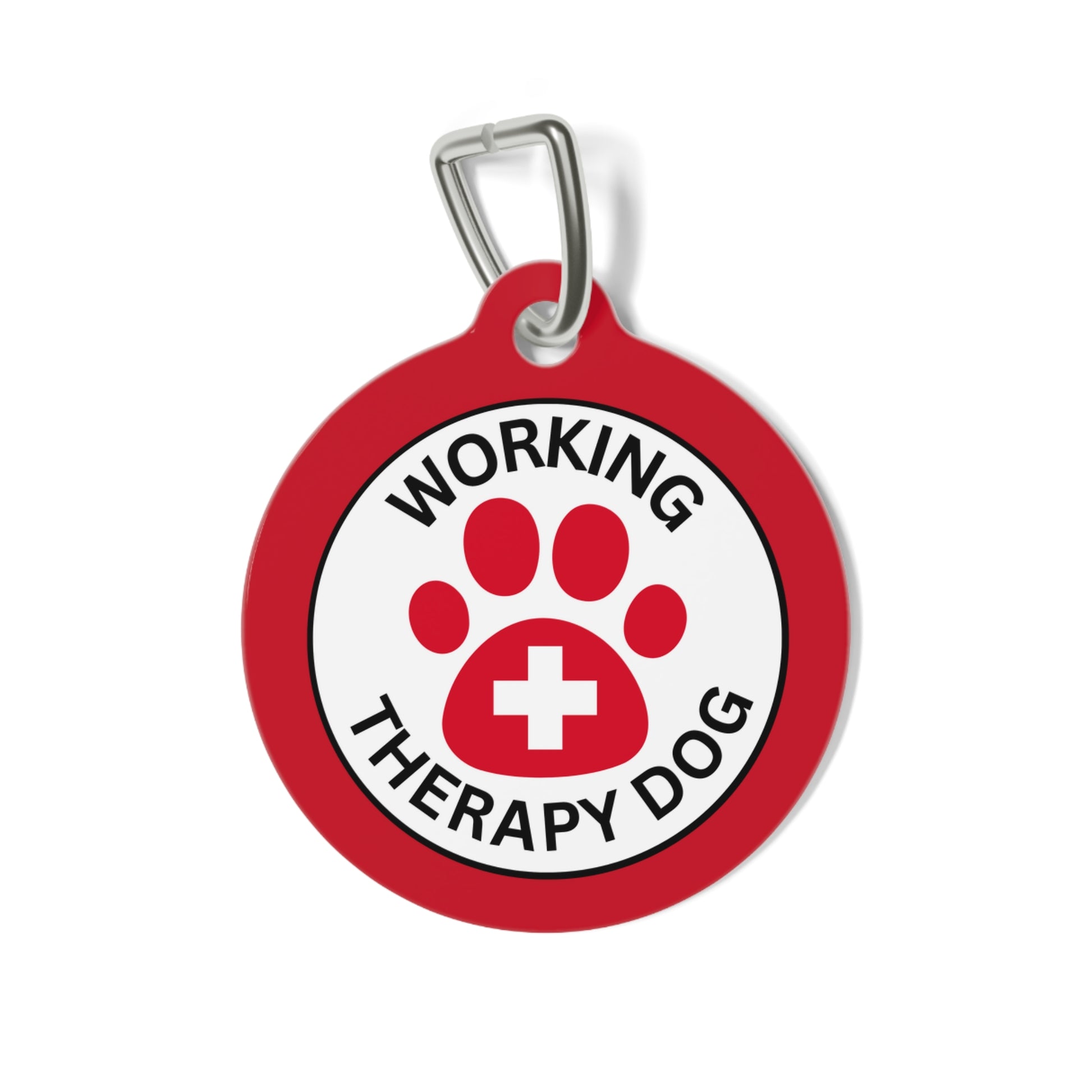 Red personalized Working Therapy Dog ID tag featuring a paw print medical symbol on the front and custom contact information on the back