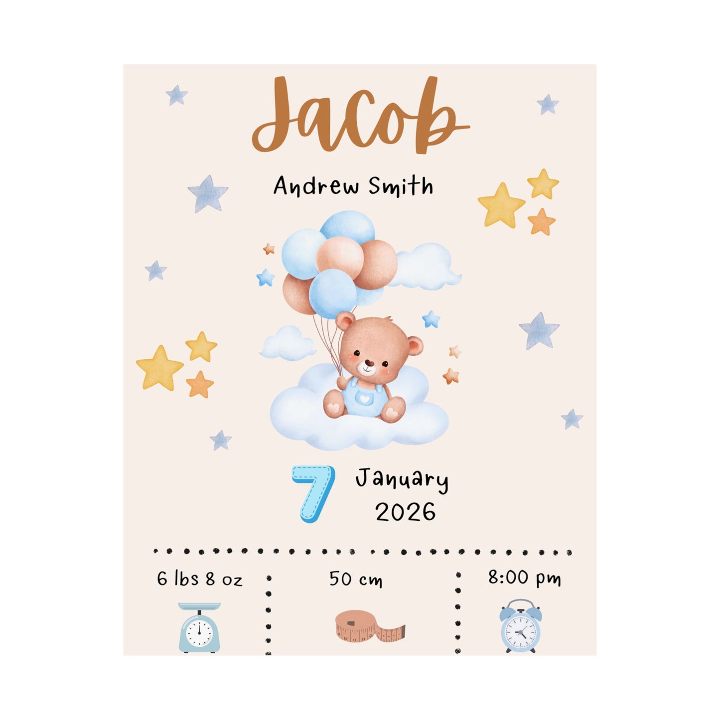 Personalized Baby Birth Stats Poster – BLUE Teddy Bear Nursery Print
