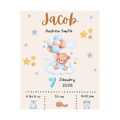 Personalized Baby Birth Stats Poster – BLUE Teddy Bear Nursery Print