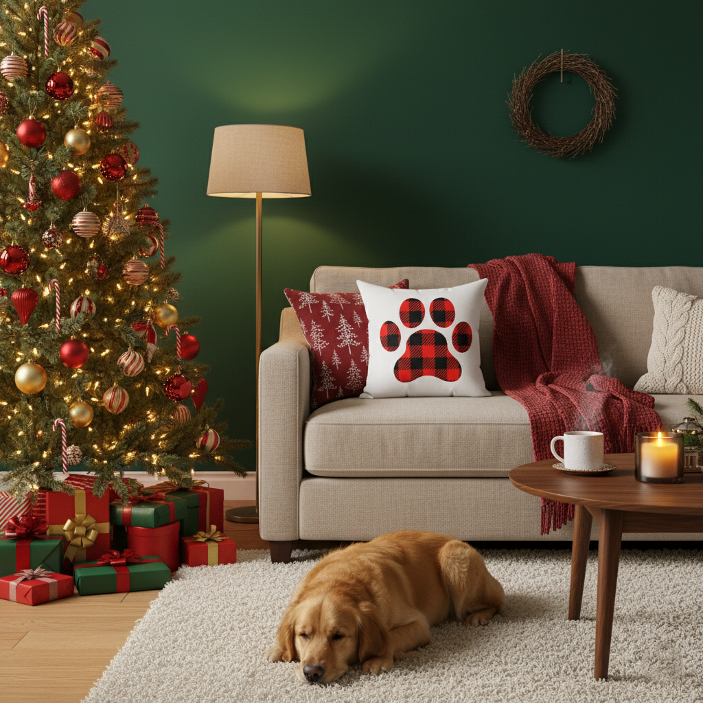 Christmas Paw Print Decorative Pillow