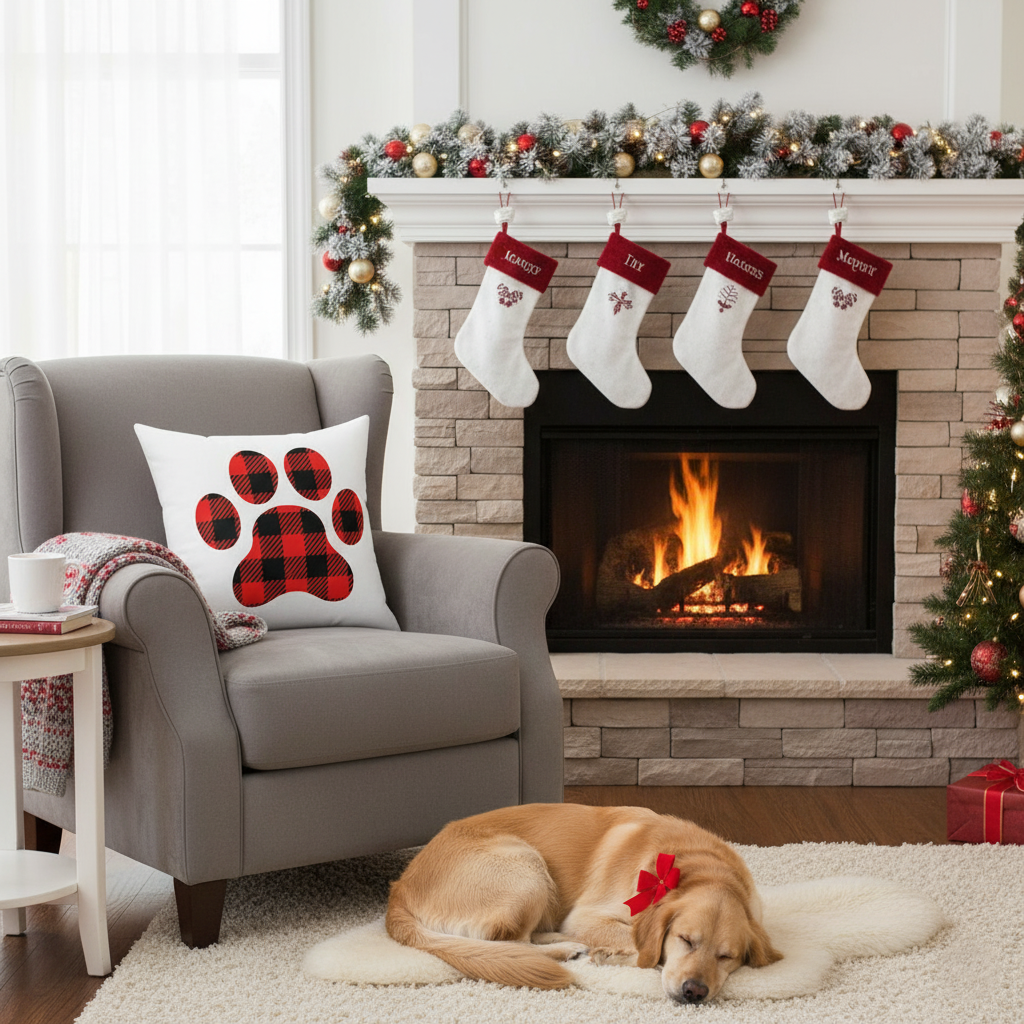 Christmas Paw Print Decorative Pillow