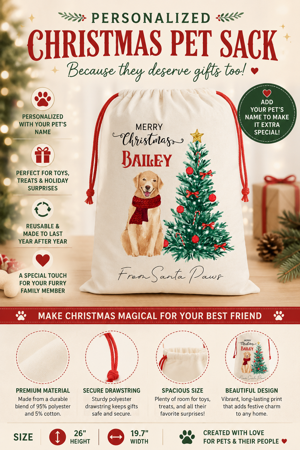 Personalized Pet Christmas Sack | Custom Dog Christmas Gift Bag
