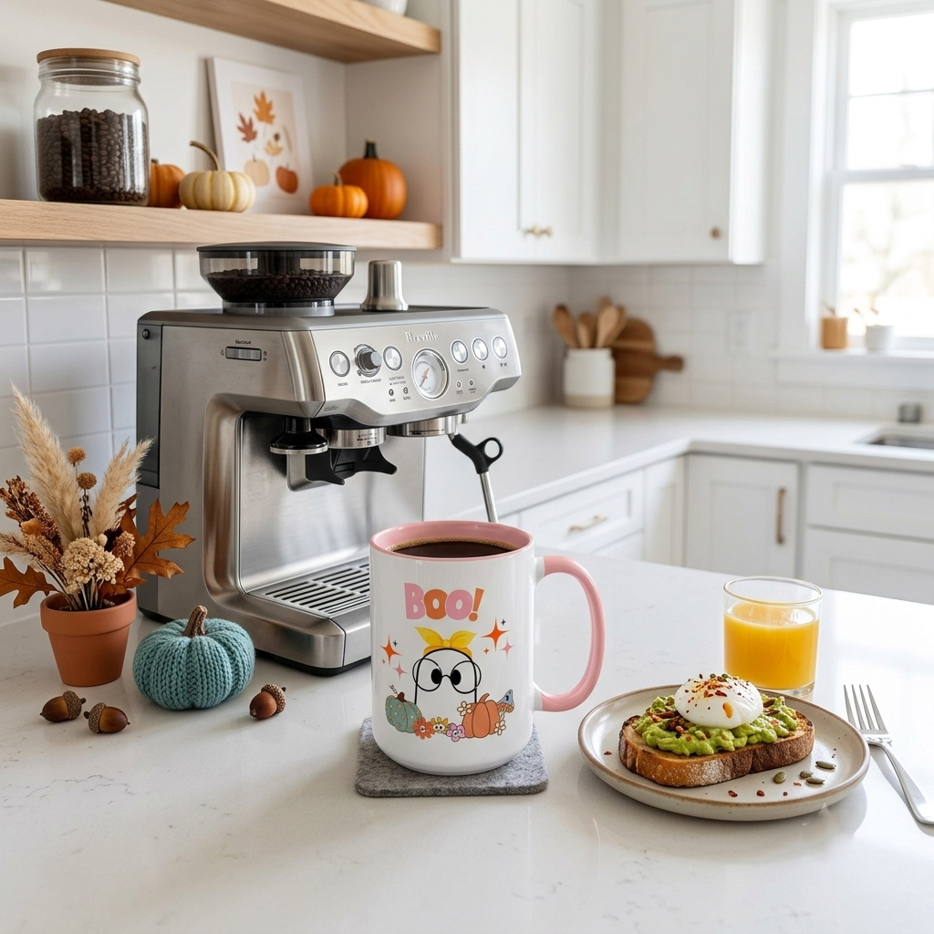 Cute Halloween ceramic mug featuring a smiling ghost wearing oversized glasses and a yellow bow with colorful pumpkins, flowers, and "BOO!" lettering. White mug with a pink handle and pink interior, available in 11oz flat-bottom and 15oz rounded-bottom sizes.