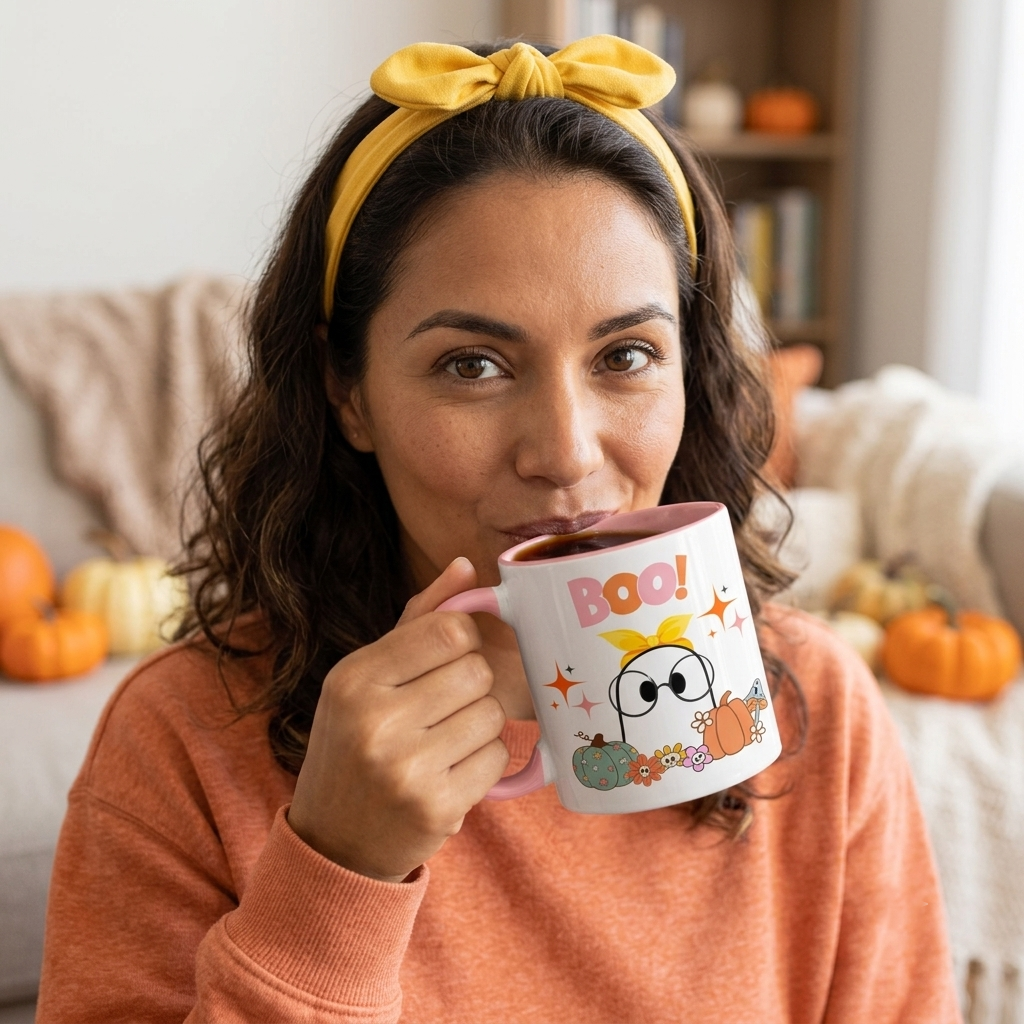 Cute Halloween ceramic mug featuring a smiling ghost wearing oversized glasses and a yellow bow with colorful pumpkins, flowers, and "BOO!" lettering. White mug with a pink handle and pink interior, available in 11oz flat-bottom and 15oz rounded-bottom sizes.