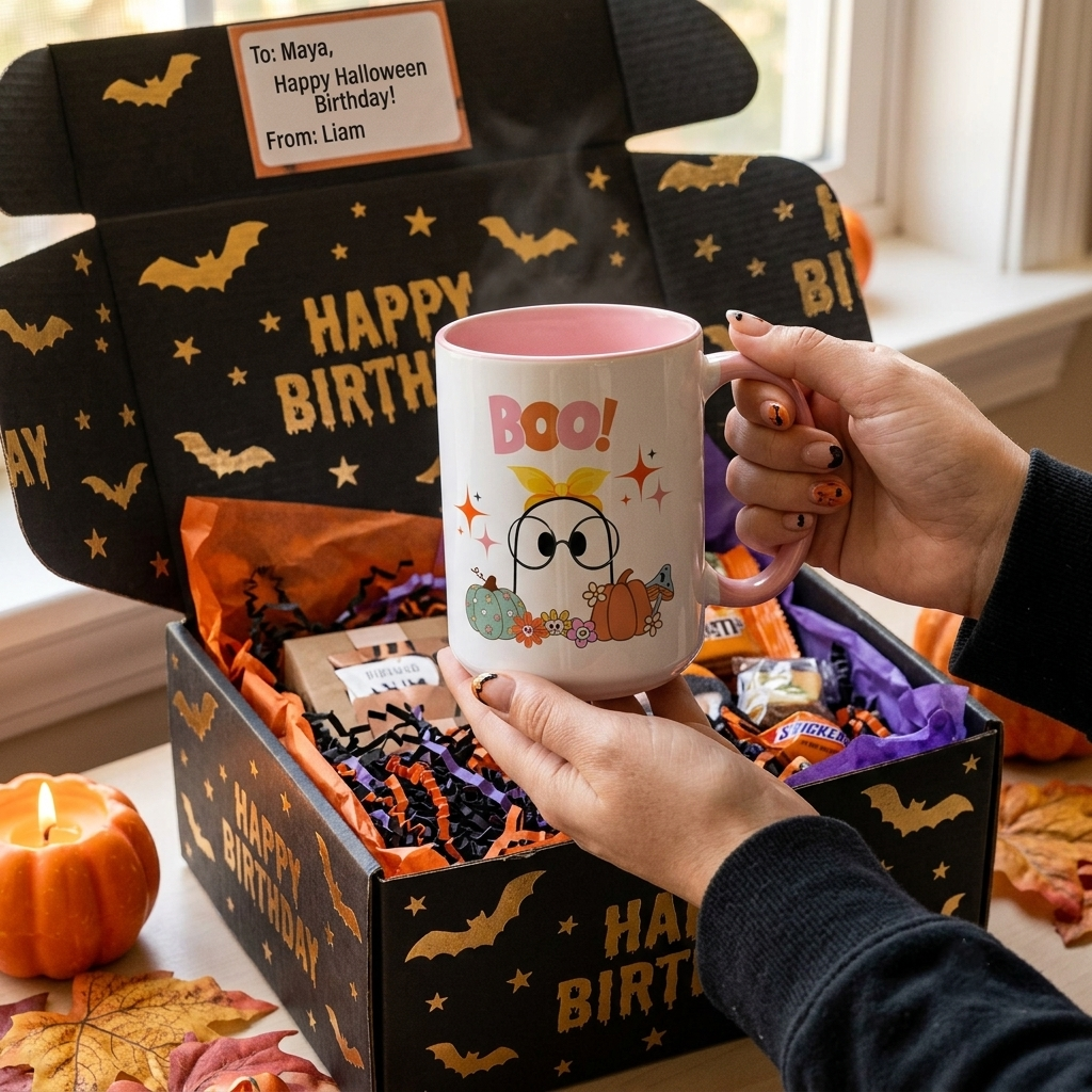 Cute Halloween ceramic mug featuring a smiling ghost wearing oversized glasses and a yellow bow with colorful pumpkins, flowers, and "BOO!" lettering. White mug with a pink handle and pink interior, available in 11oz flat-bottom and 15oz rounded-bottom sizes.
