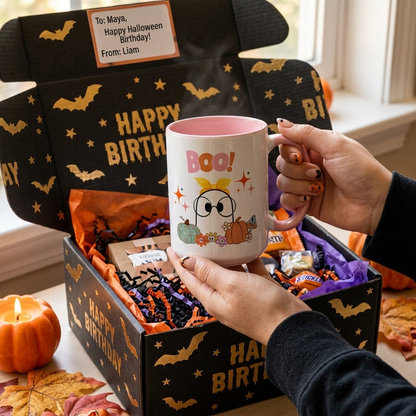Cute Halloween ceramic mug featuring a smiling ghost wearing oversized glasses and a yellow bow with colorful pumpkins, flowers, and "BOO!" lettering. White mug with a pink handle and pink interior, available in 11oz flat-bottom and 15oz rounded-bottom sizes.