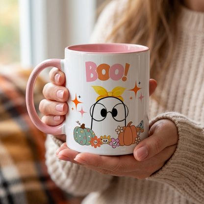 Boo Ghost Halloween Ceramic Mug | Cute Pink Coffee Mug for Fall