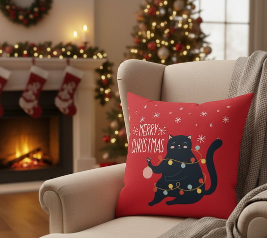 Merry Christmas Black Cat Decorative Pillow