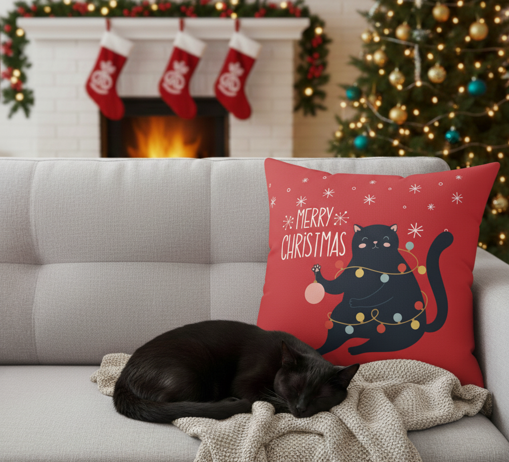 Merry Christmas Black Cat Decorative Pillow