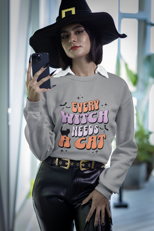 Every Witch Needs a Cat Halloween Crewneck Sweatshirt