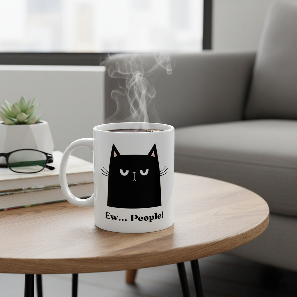 Ew, People! Black Cat Ceramic Mug — Funny Sarcastic Coffee Cup (11oz, 15oz)