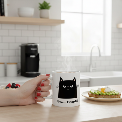 Ew, People! Black Cat Ceramic Mug — Funny Sarcastic Coffee Cup (11oz, 15oz)