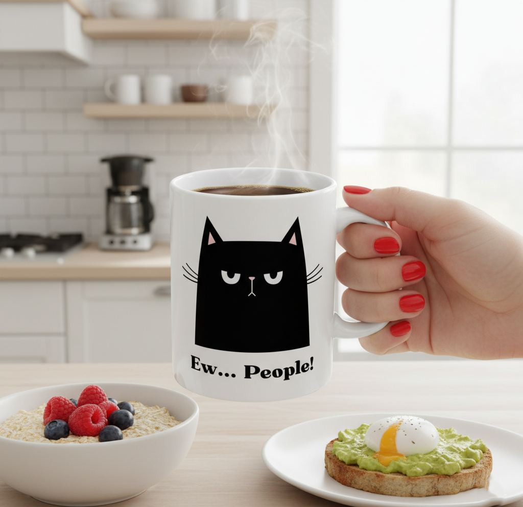 Ew, People! Black Cat Ceramic Mug — Funny Sarcastic Coffee Cup (11oz, 15oz)