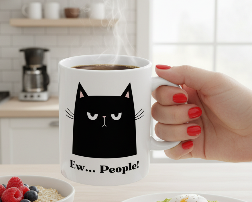 Ew, People! Black Cat Ceramic Mug — Funny Sarcastic Coffee Cup (11oz, 15oz)