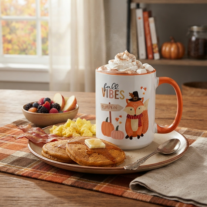 Fall Vibes Fox Mug featuring a cute fox wearing a pilgrim-style hat and scarf beside pumpkins and a pumpkin sign, printed on a white ceramic mug with an orange handle and orange interior. Perfect for fall coffee, tea, Thanksgiving, and autumn home décor.