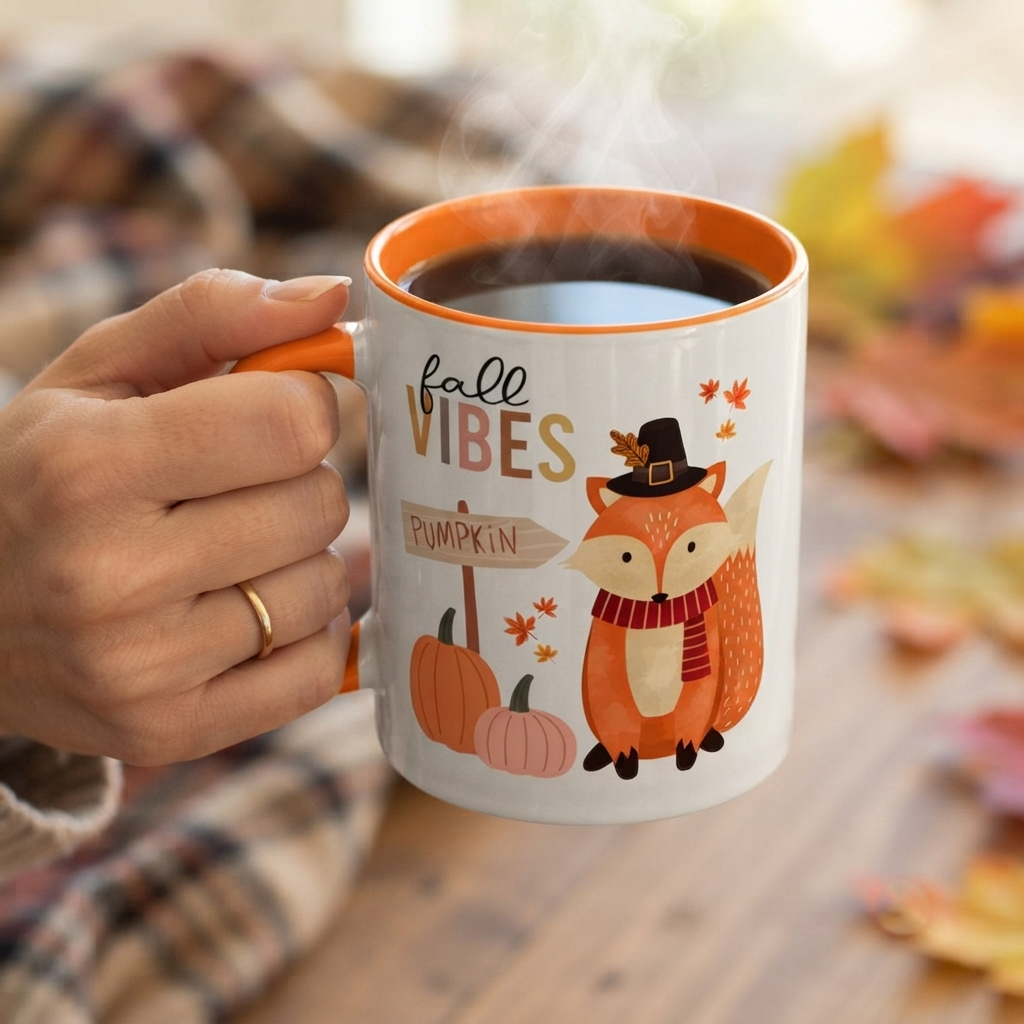 Fall Vibes Fox Mug featuring a cute fox wearing a pilgrim-style hat and scarf beside pumpkins and a pumpkin sign, printed on a white ceramic mug with an orange handle and orange interior. Perfect for fall coffee, tea, Thanksgiving, and autumn home décor.