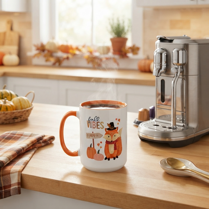 Fall Vibes Fox Mug featuring a cute fox wearing a pilgrim-style hat and scarf beside pumpkins and a pumpkin sign, printed on a white ceramic mug with an orange handle and orange interior. Perfect for fall coffee, tea, Thanksgiving, and autumn home décor.
