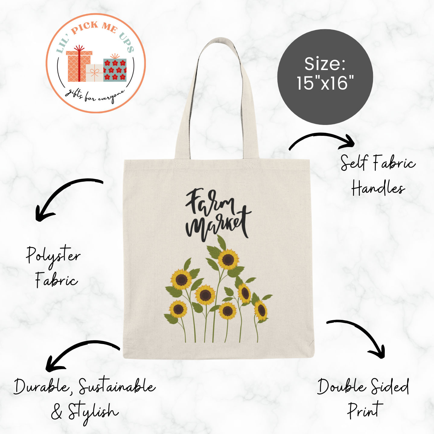 Farm Market Tote Bag with Sunflower, Shopping Bag, Cotton Canva Tote Bag