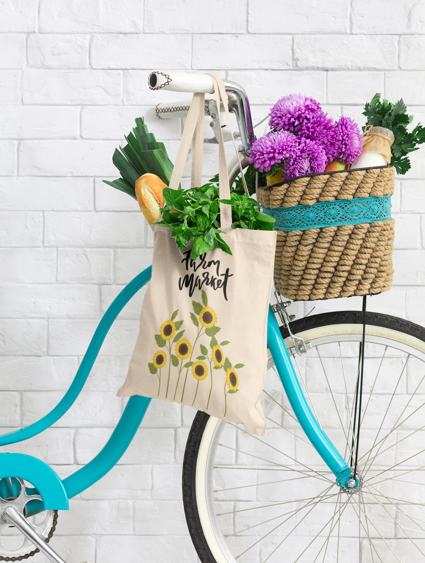 Farm Market Tote Bag with Sunflower, Shopping Bag, Cotton Canva Tote Bag