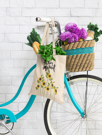 Farm Market Tote Bag with Sunflower, Shopping Bag, Cotton Canva Tote Bag